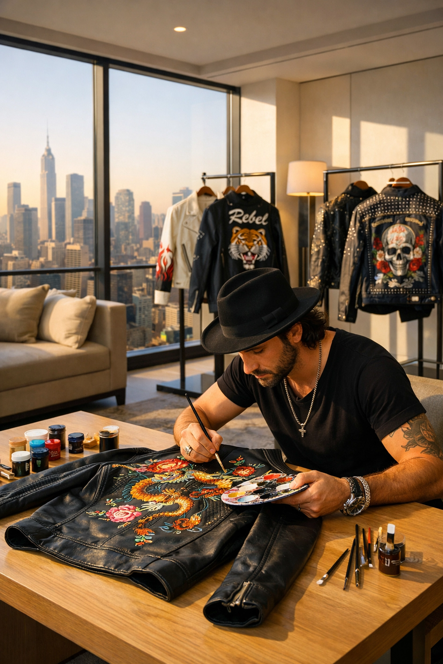Live artist customizing luxury apparel in a sophisticated Super Bowl brand hospitality lounge.