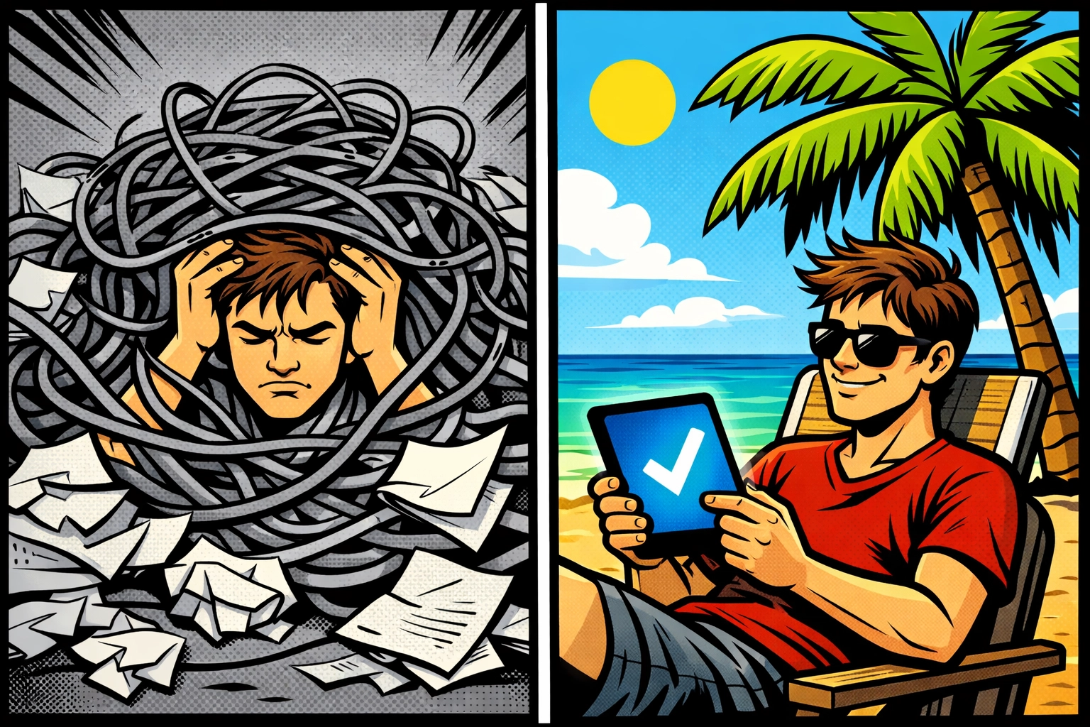Comparison showing the stress of manual work versus the freedom of business automation tools.