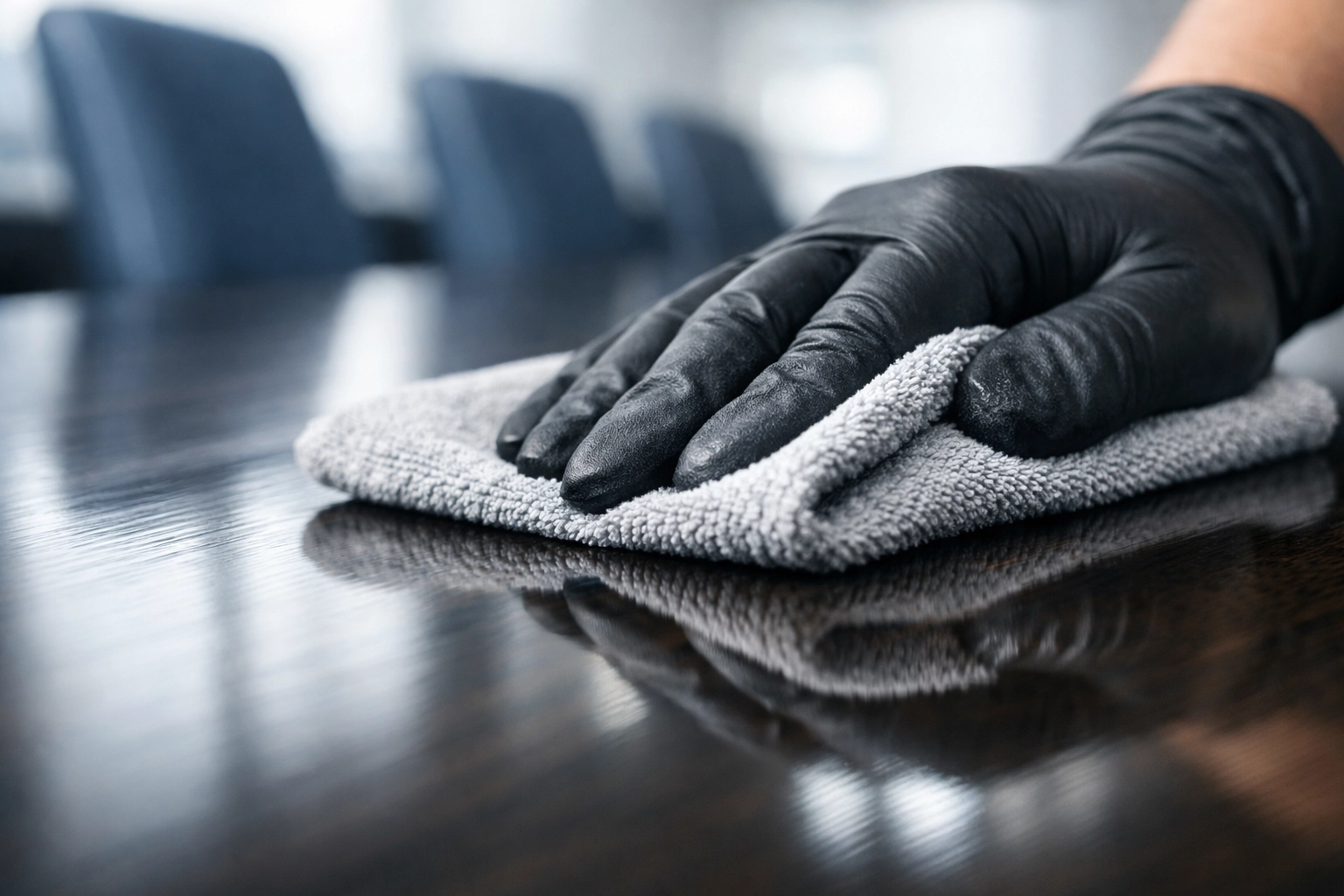 Professional commercial cleaning expert polishing a luxury boardroom table in a high-end Boston office.