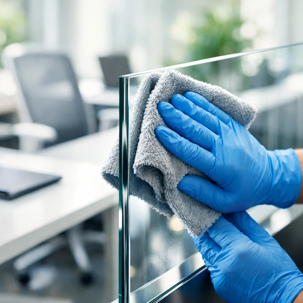Expert hand sanitizing a glass office partition in Winthrop MA using eco-friendly commercial cleaning methods.