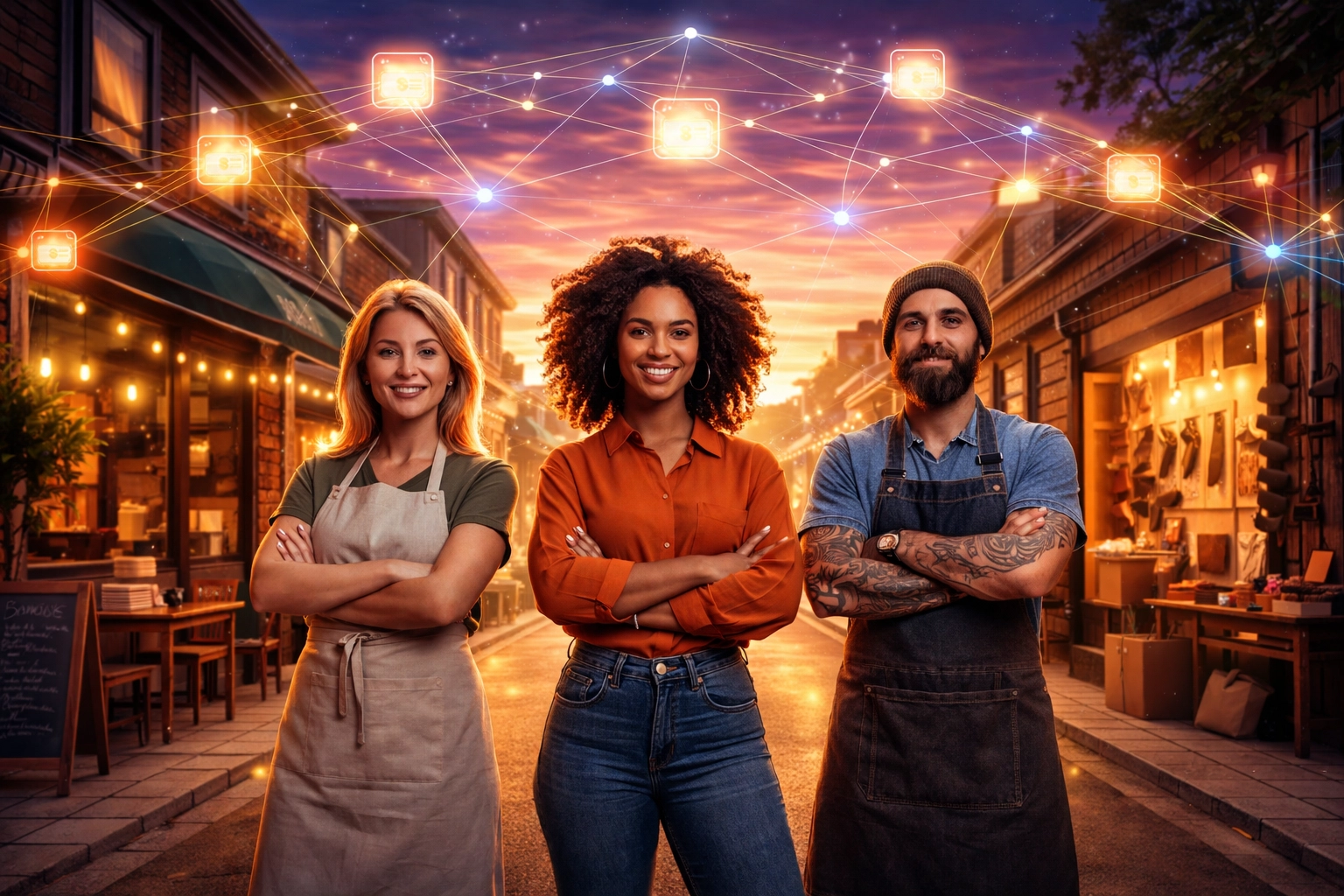 Diverse business owners under a digital crypto network, symbolizing merchant independence and global decentralized payments.