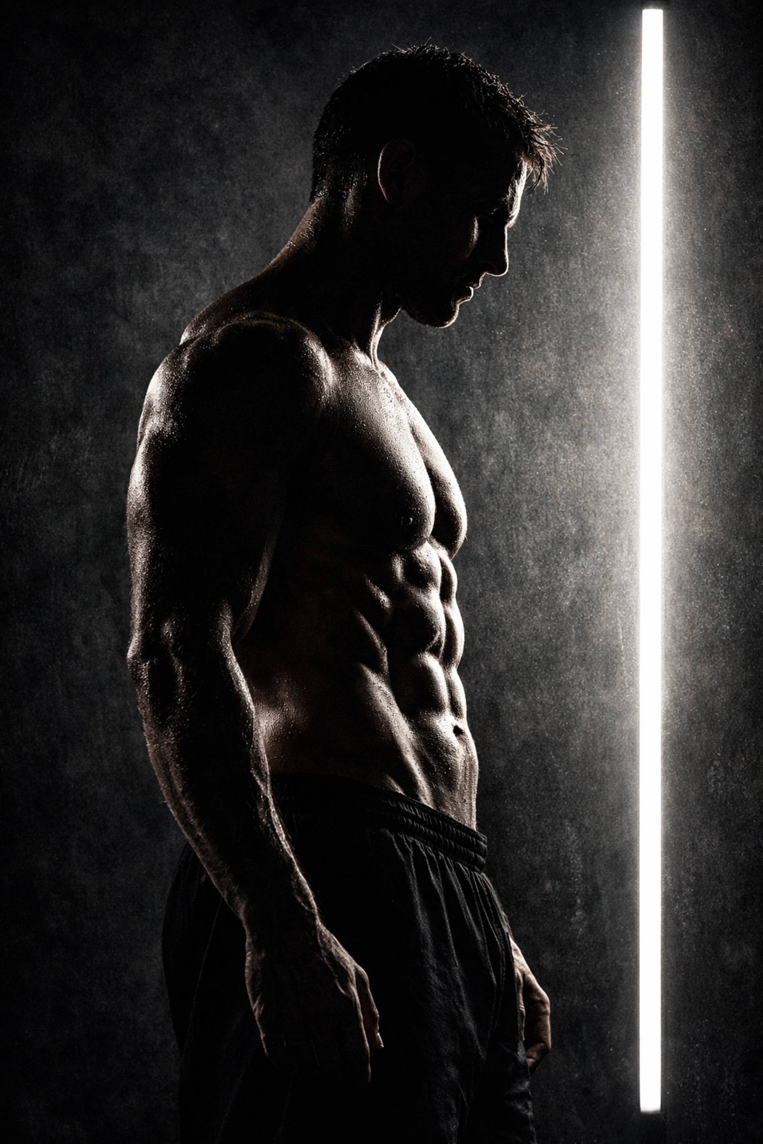 Side-profile silhouette of an athlete showing muscle definition and fat loss progress.