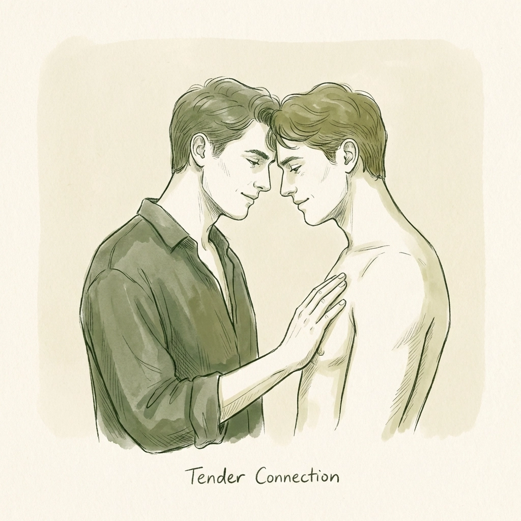 Two men in intimate embrace exploring chest touch in MM romance moment