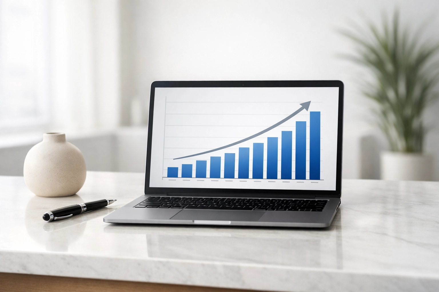 Modern laptop showing upward revenue charts for a profitable tax service bureau.