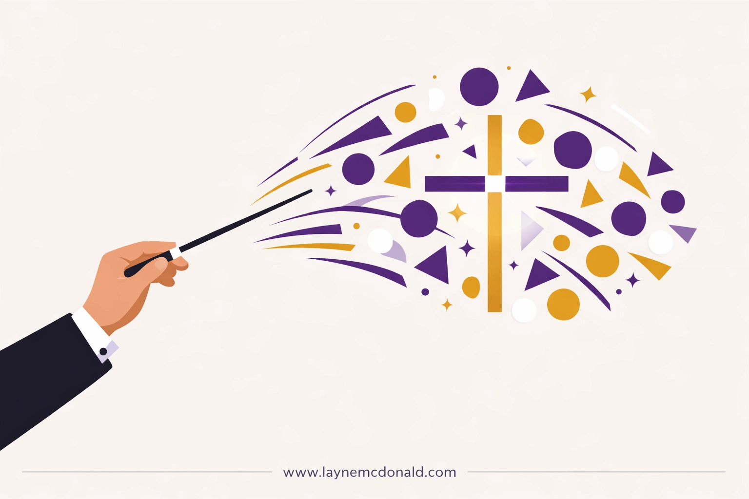 Conductor's baton organizing shapes into a cross, symbolizing strategic faith-based media stewardship.