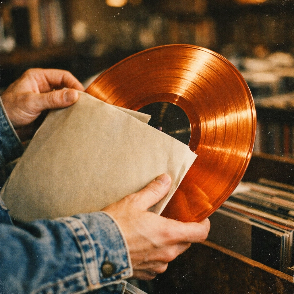Hands holding a modern soul vinyl record in a cinematic Los Angeles record shop setting.