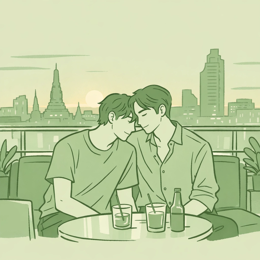 Two men enjoying romantic moment at Bangkok rooftop bar with city skyline - MM romance setting