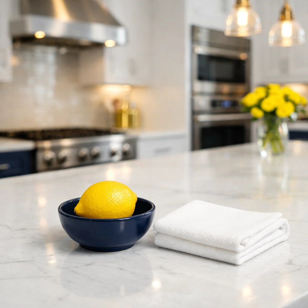 Spotless marble kitchen island with a cleaning cloth, demonstrating thorough bi-weekly house cleaning services.