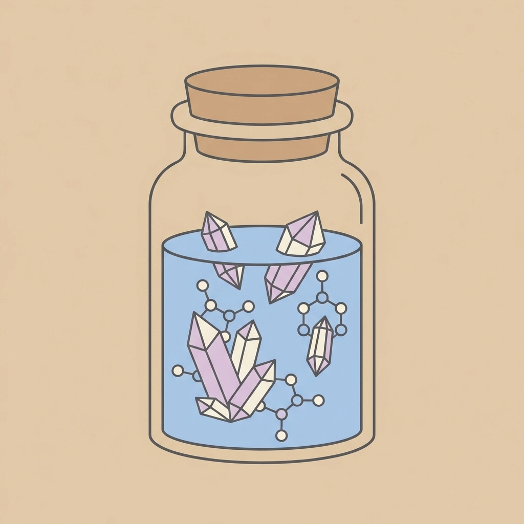 Illustration of a glass jar with blue solution and geometric crystals forming, showing basic crystal growth process for kids