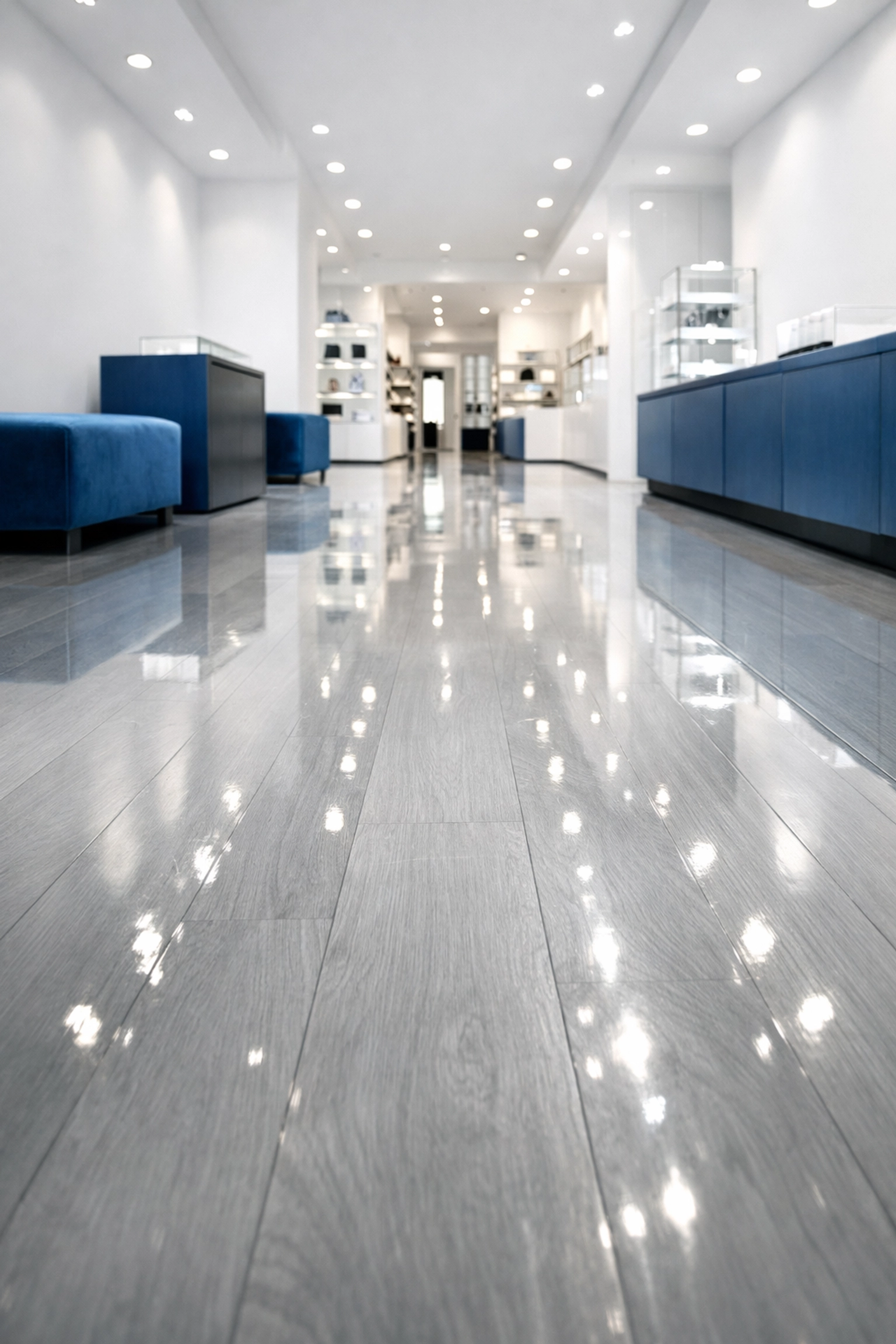 Shiny polished hardwood floors in a modern retail store reflecting high-end commercial cleaning standards.