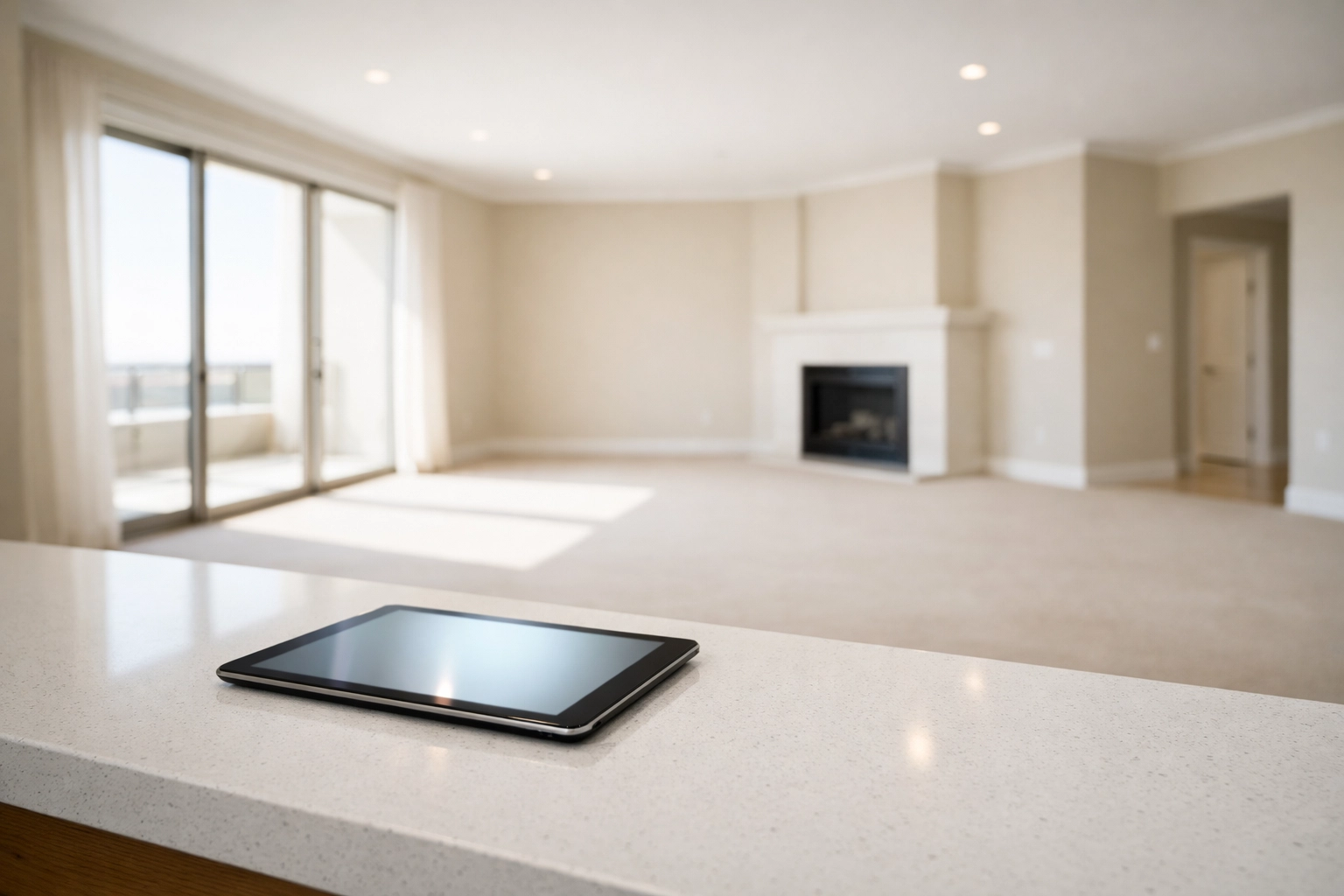Digital vacancy cleaning checklist on a tablet in a clean Chicago luxury apartment.