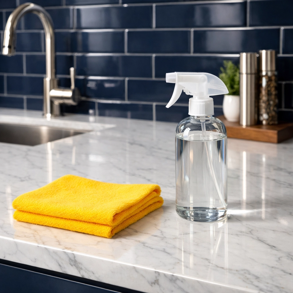 Polished marble kitchen counters in Leominster MA, cleaned with professional and safe eco-friendly supplies.