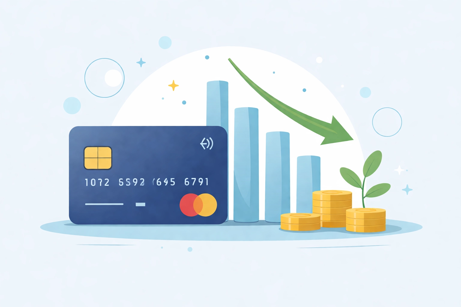Tarjeta de crédito con gráfica mostrando reducción de deuda y mejora crediticia