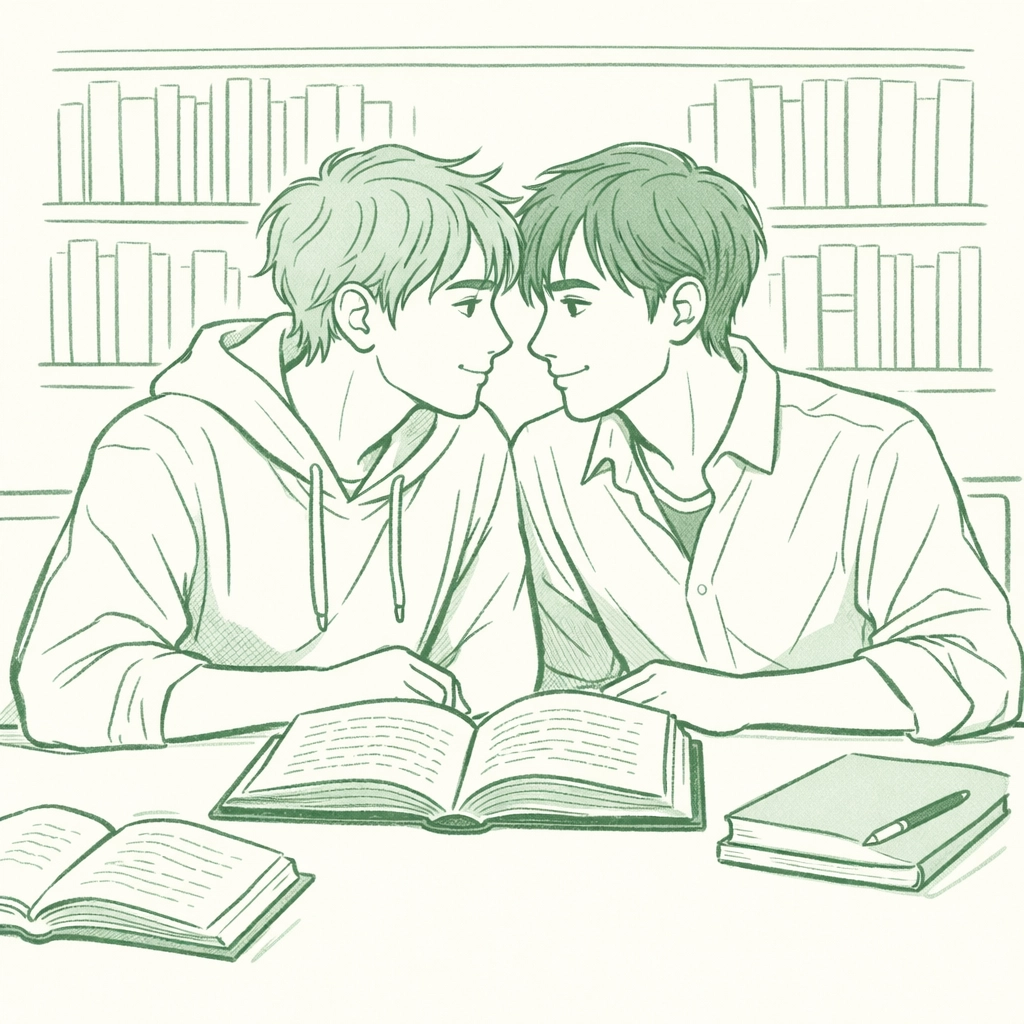 Two young men studying together in university library - MM romance and academic connection