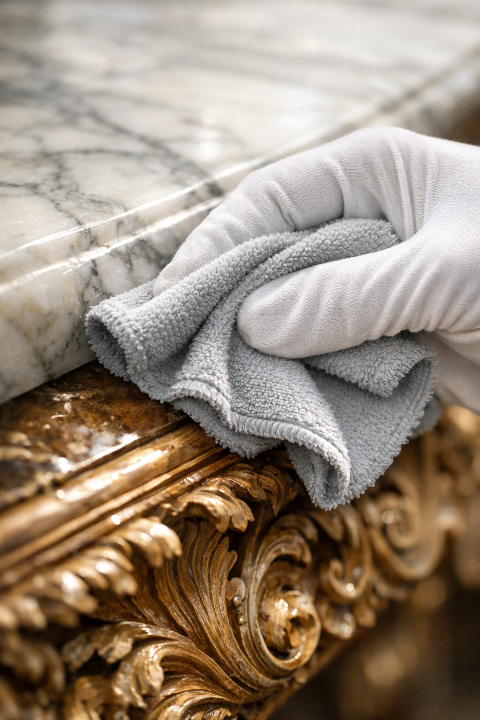 Expert cleaning technician using professional methods to care for delicate marble surfaces.