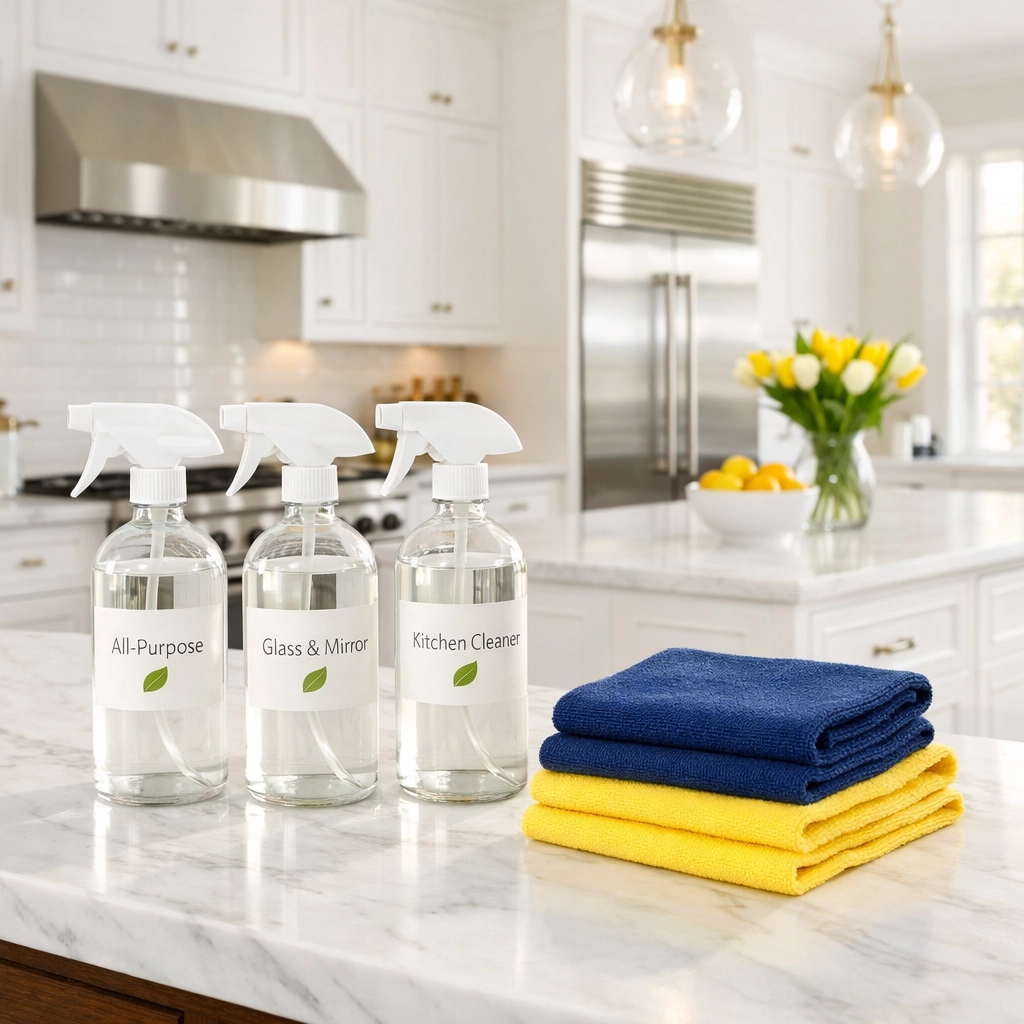 Eco-friendly house cleaning supplies on a marble island in a luxury Bolton kitchen.