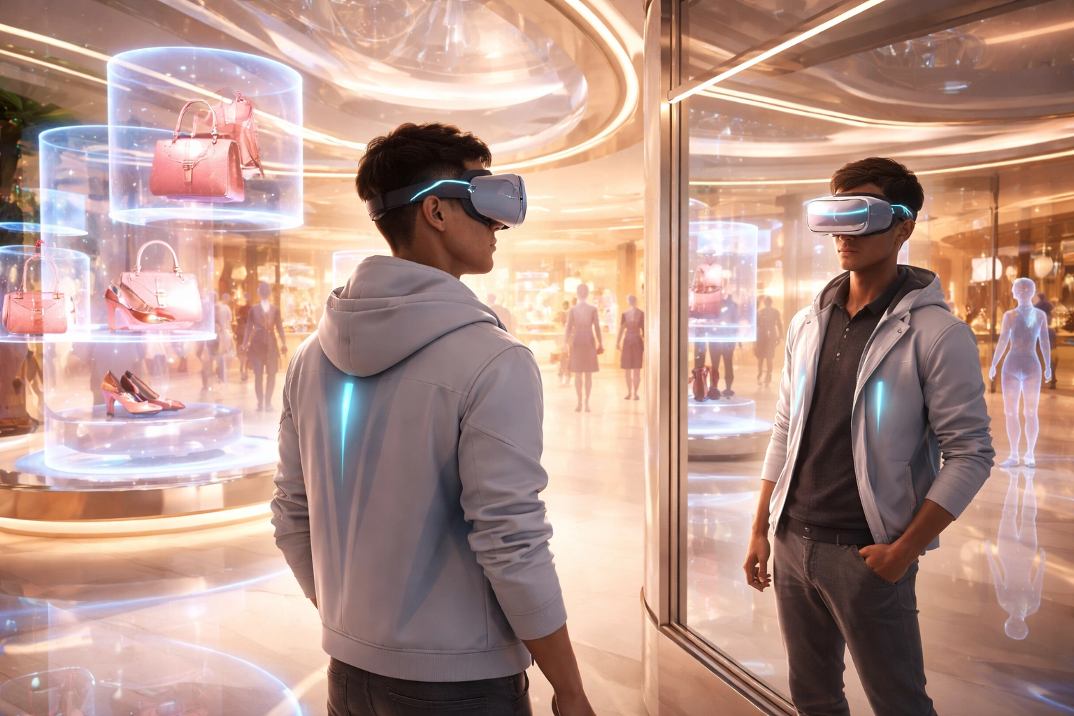 Person shopping with a VR headset in a virtual mall highligting immersive social shopping and metaverse commerce.