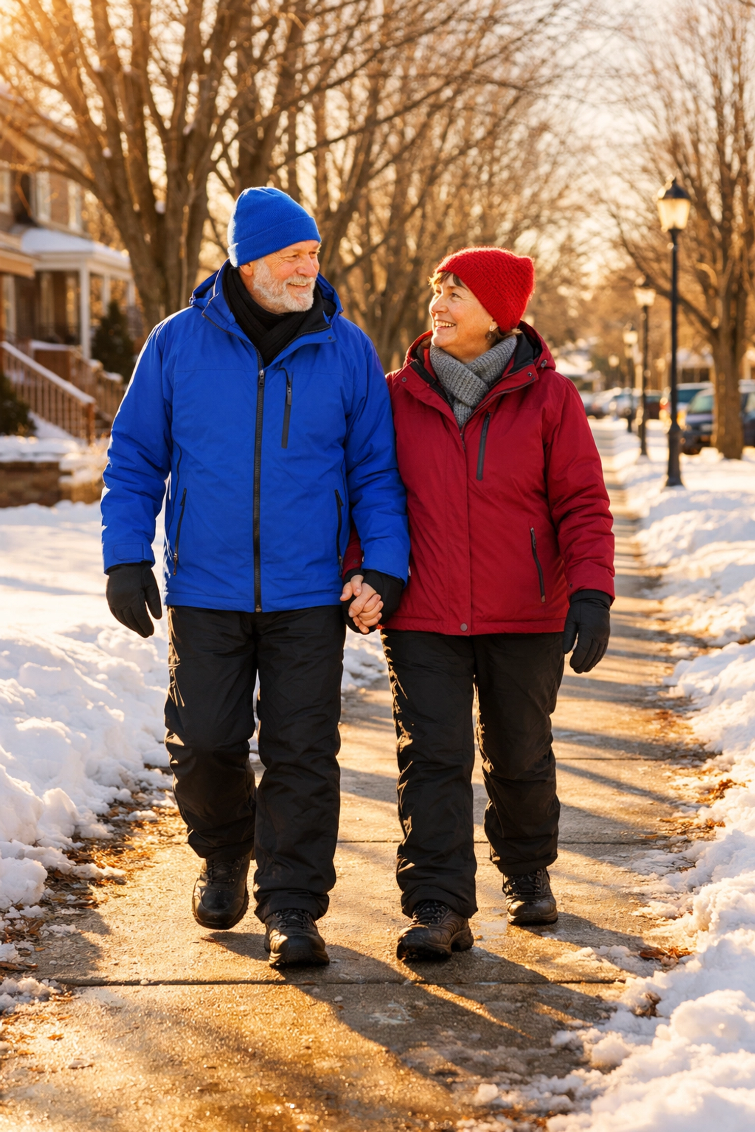 Senior couple walking safely on cleared winter sidewalk in proper footwear