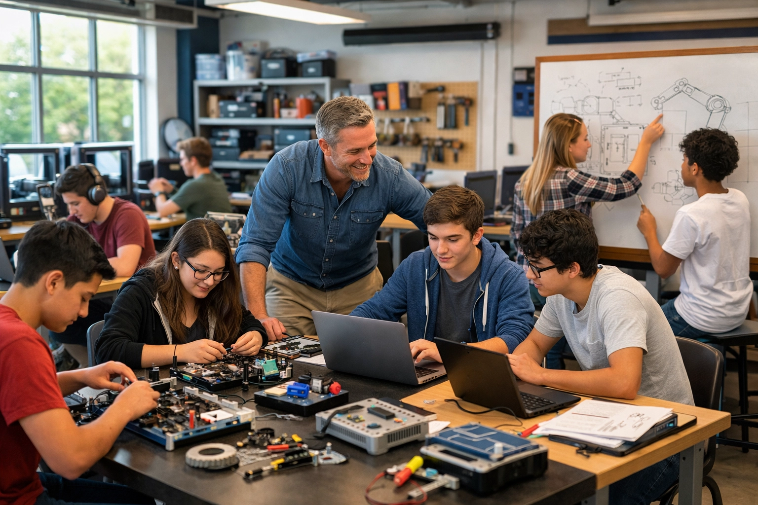 High school tech workshop with students learning AI and data analytics skills