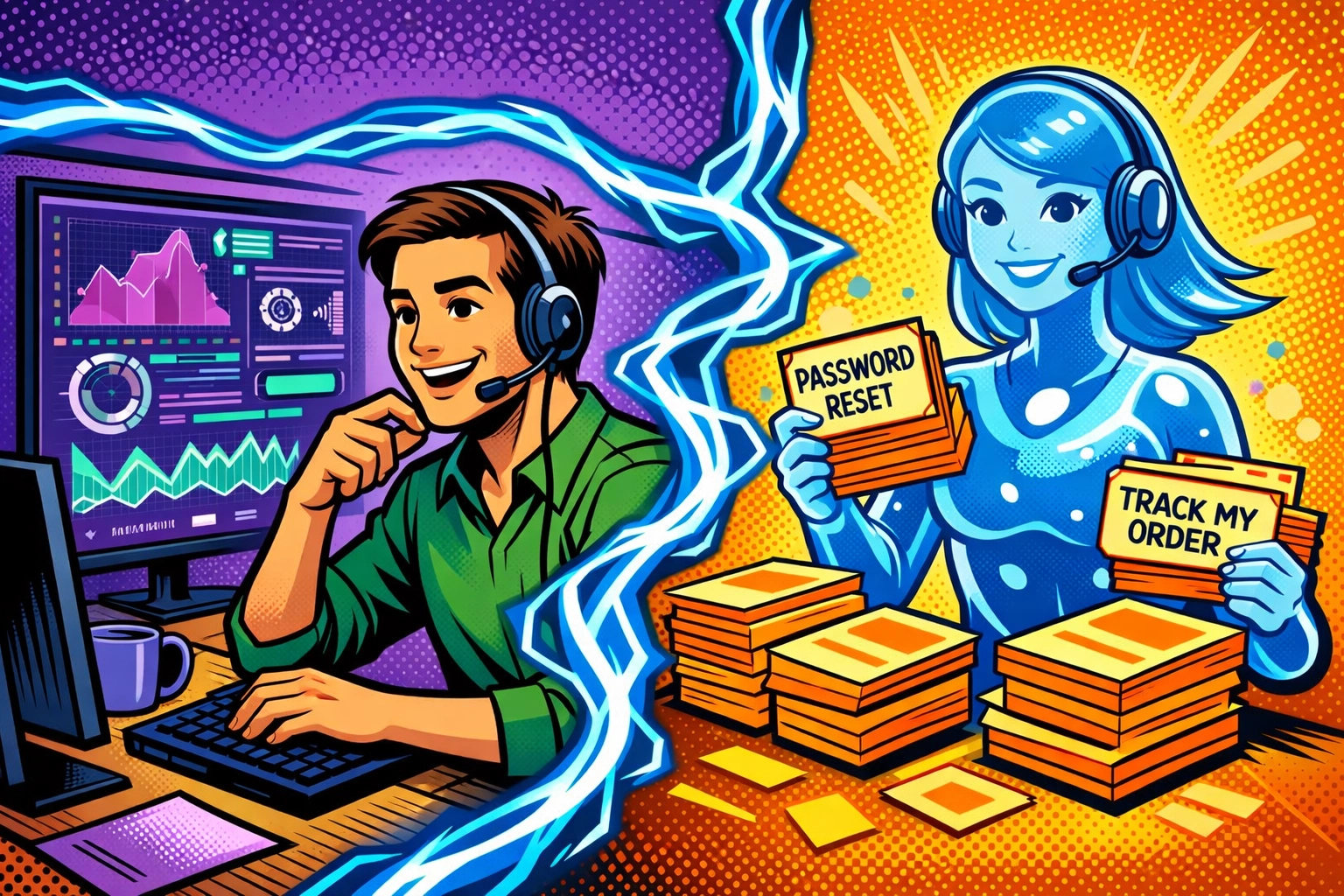 Customer support team member collaborating with AI virtual assistant on different tasks