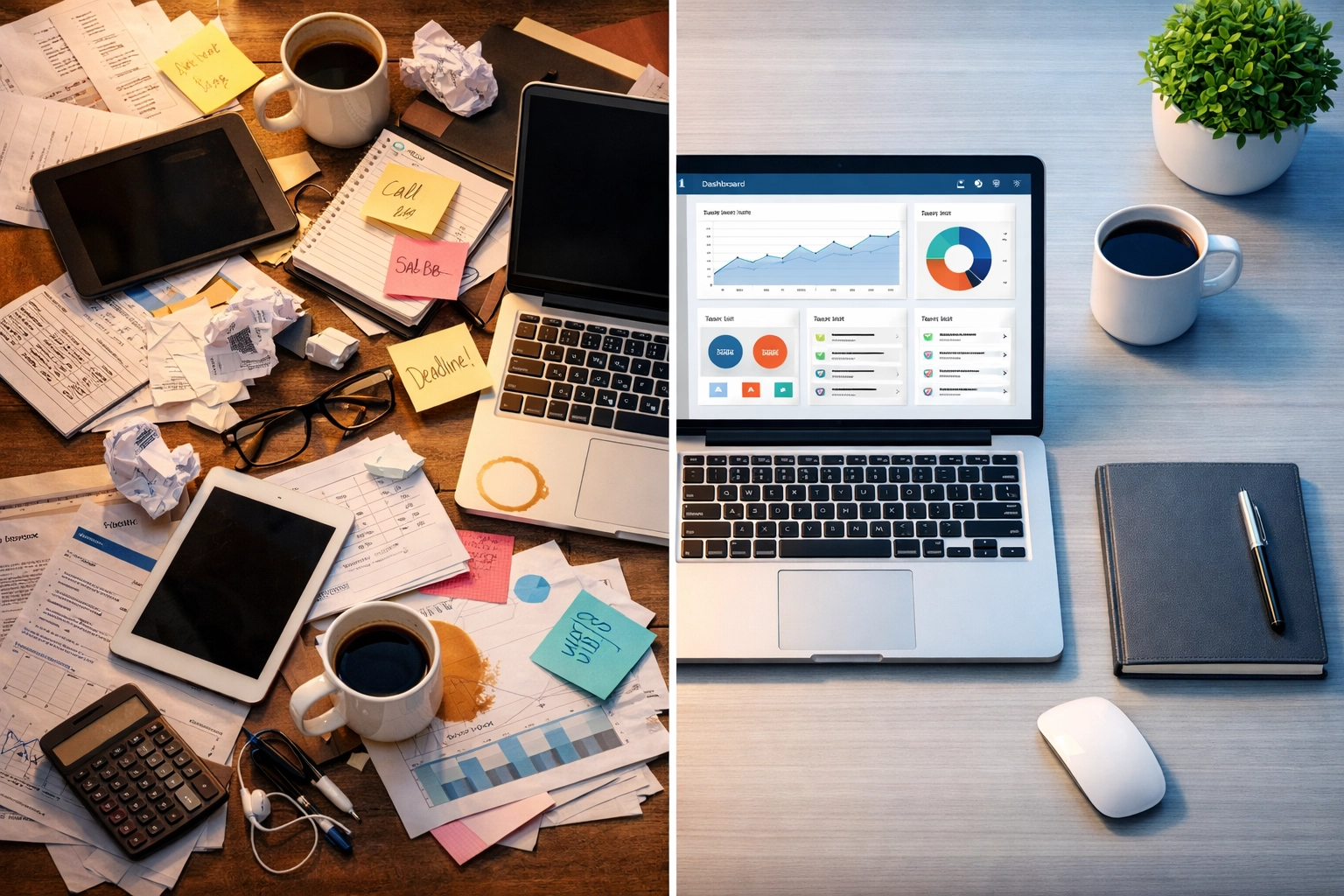 Chaotic desk versus organized system showing need for district operating system
