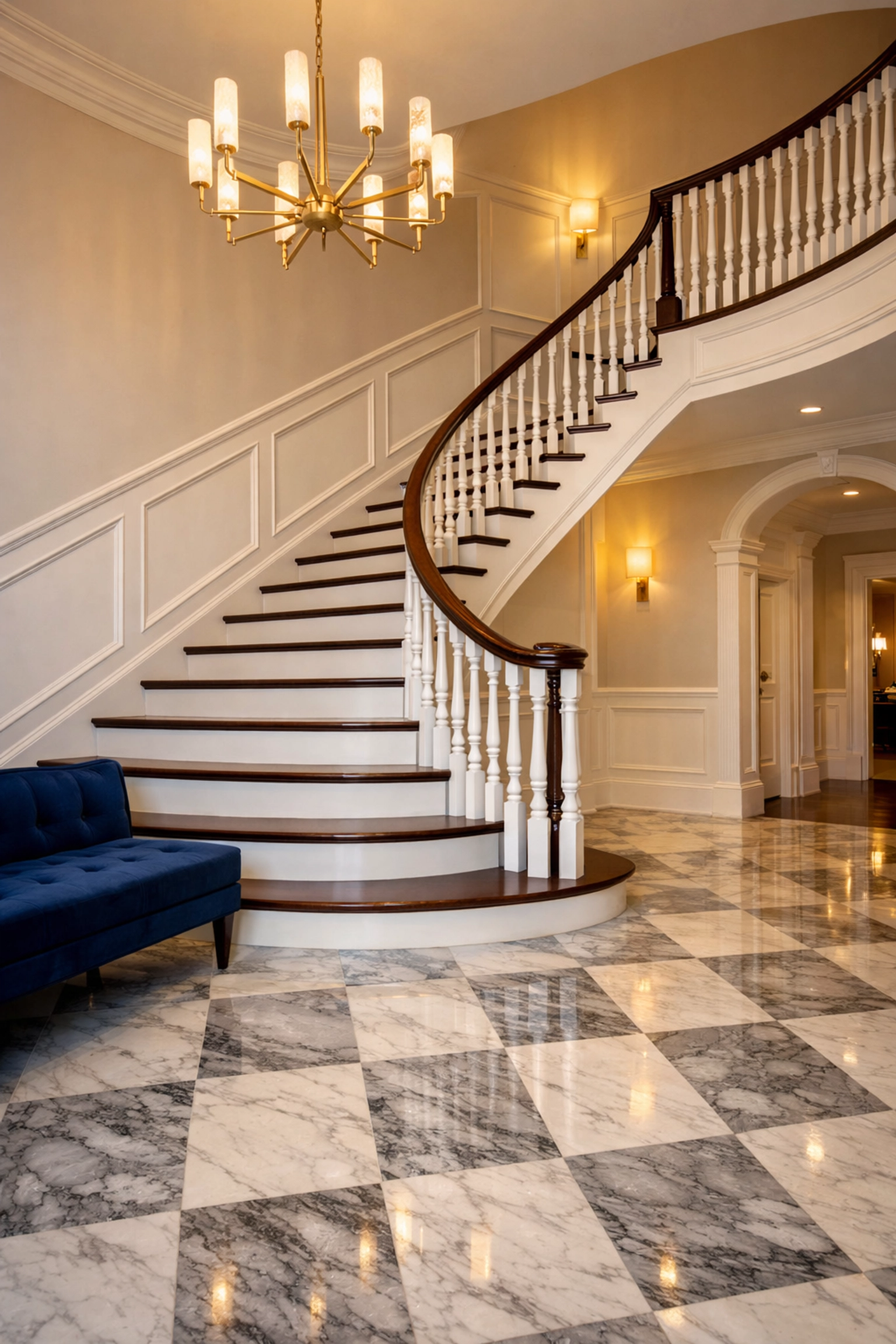 A perfectly polished grand foyer and staircase in a Norfolk home following a meticulous residential clean.
