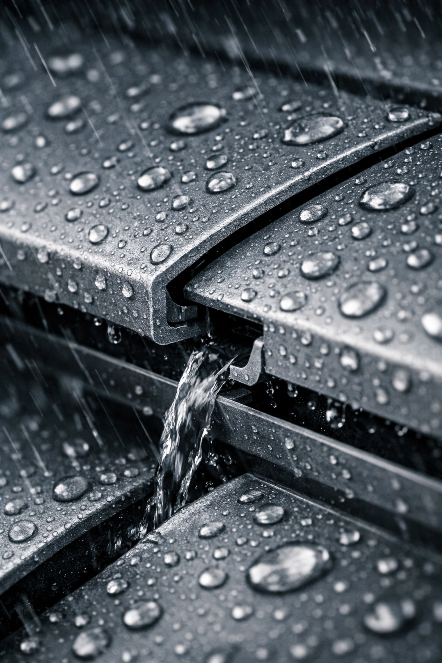 Closed aluminum louvres with interlocking joints for effective rain and water management.