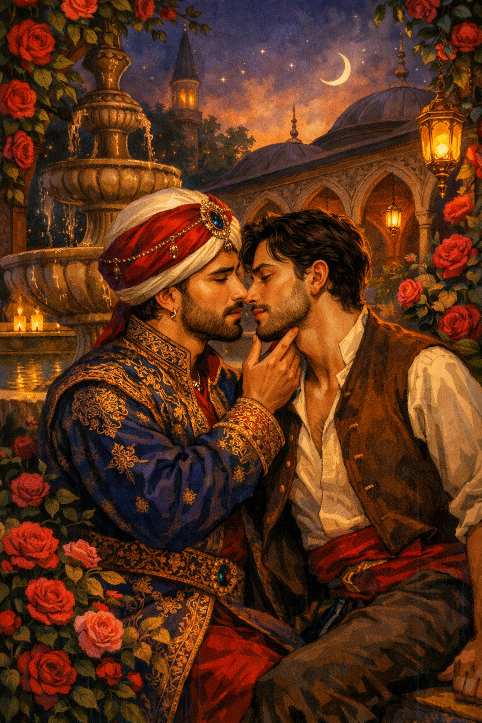 Two men in Ottoman-era attire sharing intimate moment in palace garden at dusk