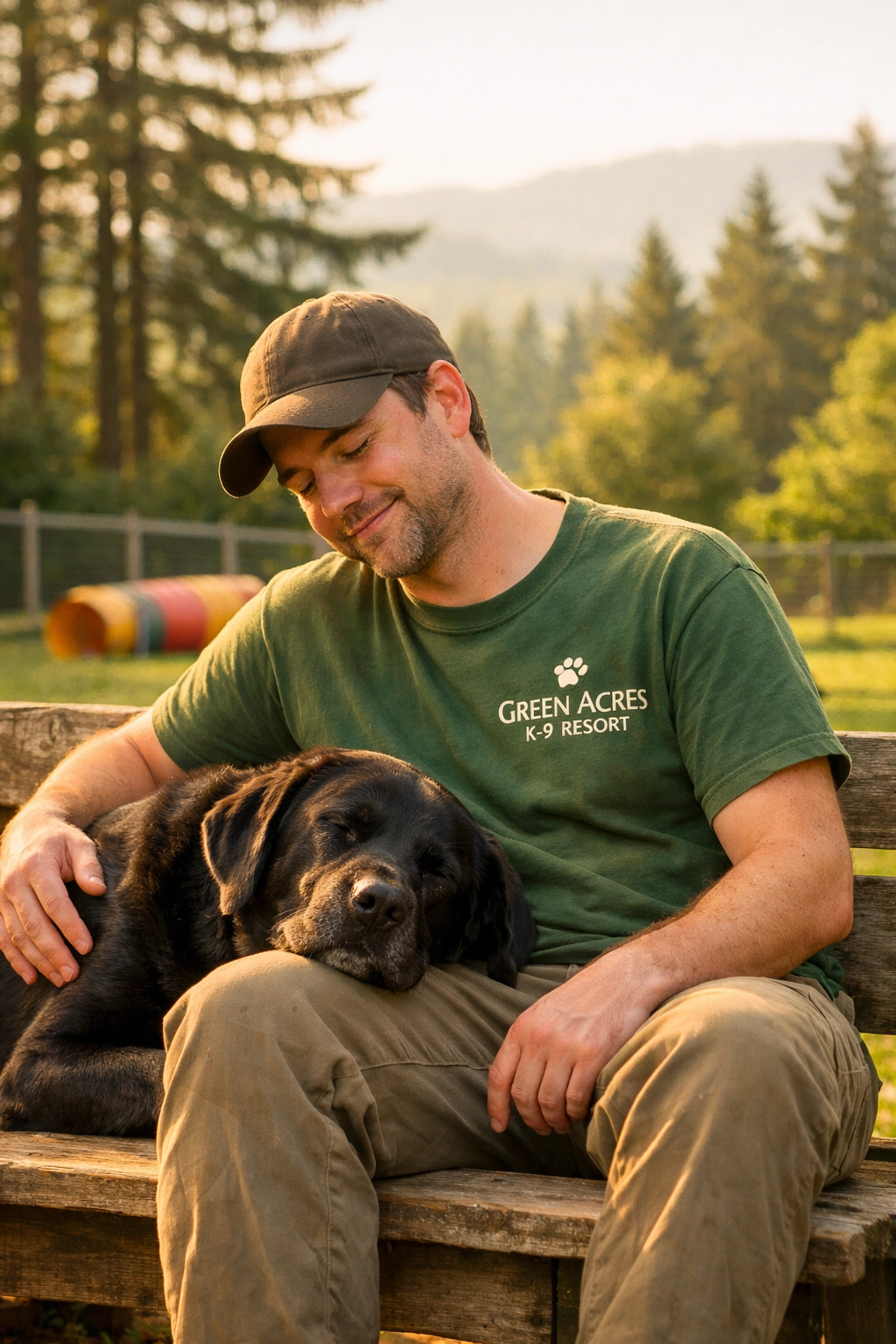 A staff member and relaxed dog at Green Acres K-9 Resort showing a calm dog boarding environment in Boring, Oregon.