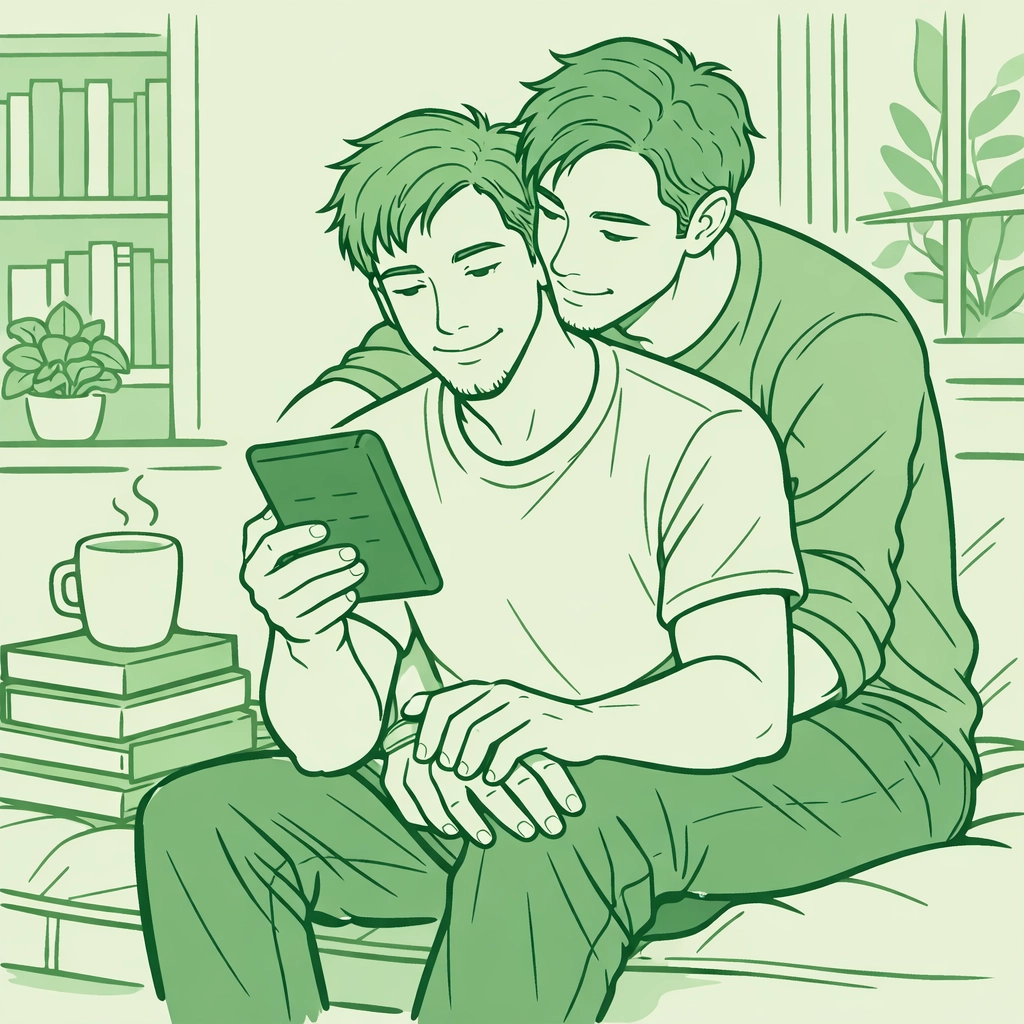 MM couple reading together, highlighting the emotional depth and romantic connection in gay romance series.