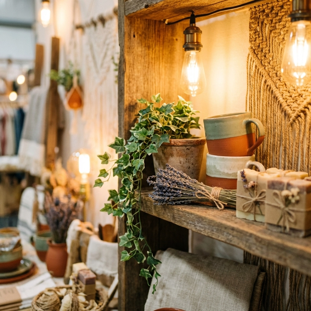 Close-up of a handcrafted decor booth shelf with pottery, lavender, and artisan soaps highlighting boutique styling details.