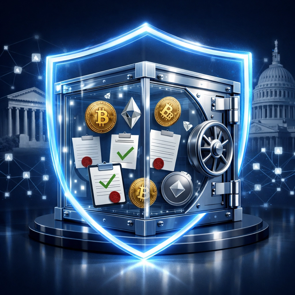 Secure digital vault showing cryptocurrency compliance with regulatory protection and legal frameworks