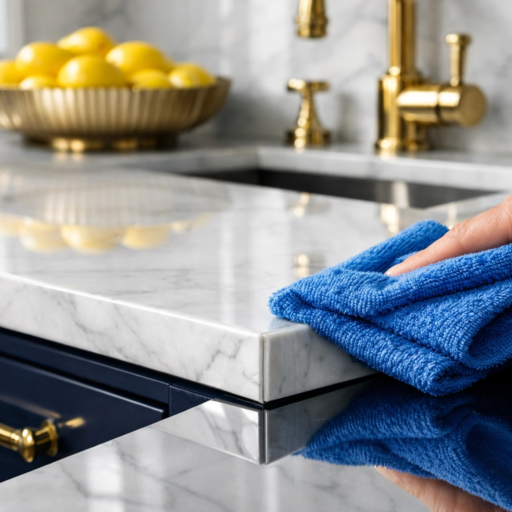 Precision ninja-level cleaning on a luxury Lexington kitchen marble countertop.