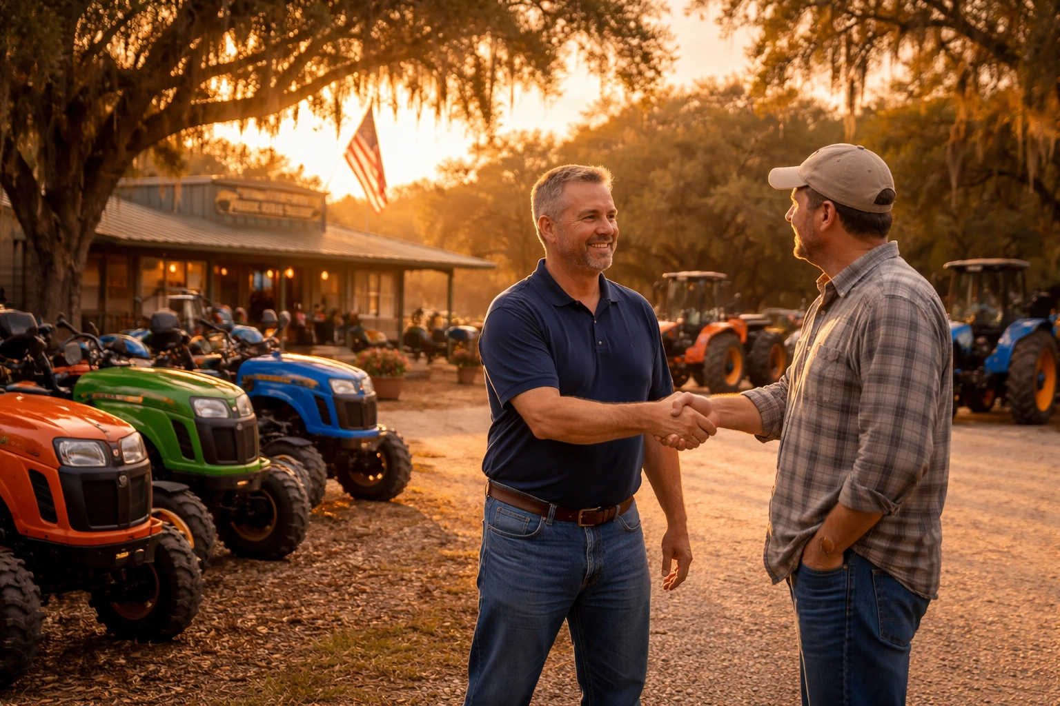 Family-owned Ocala Tractor dealership team greeting a customer beside compact tractors in rural Florida, highlighting local service and community connection.