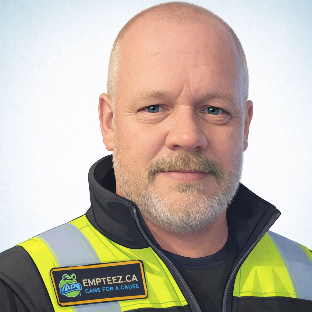 Tim “Can Man” Kemsley, founder of Empteez.ca (illustrated portrait with official Empteez.ca logo).