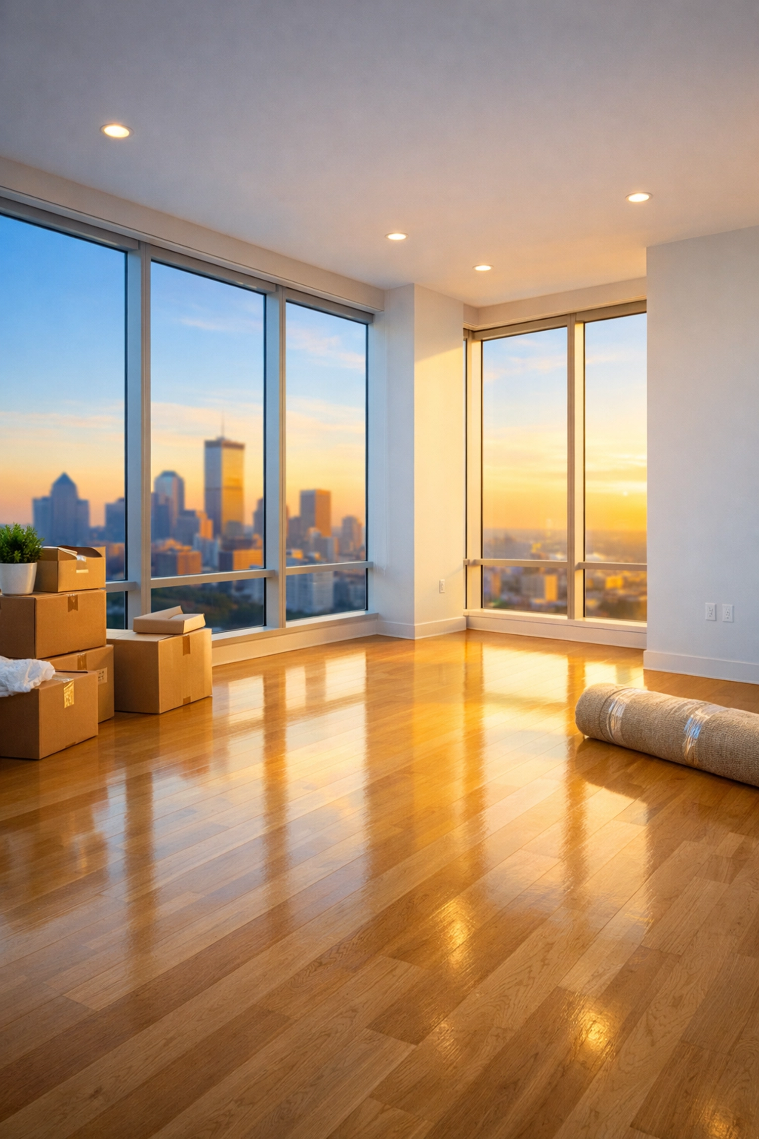 Immaculate high-rise apartment in Boston with polished floors following professional move-in cleaning services.