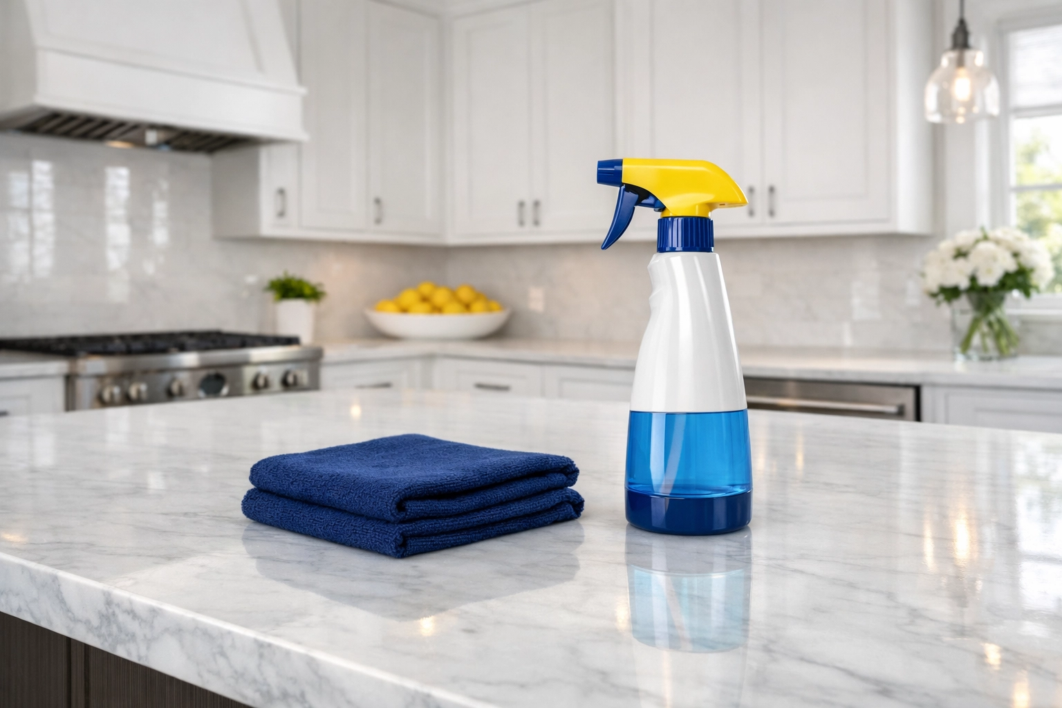 Professional house cleaning Shirley MA results on a pristine white marble kitchen island with cleaning supplies.