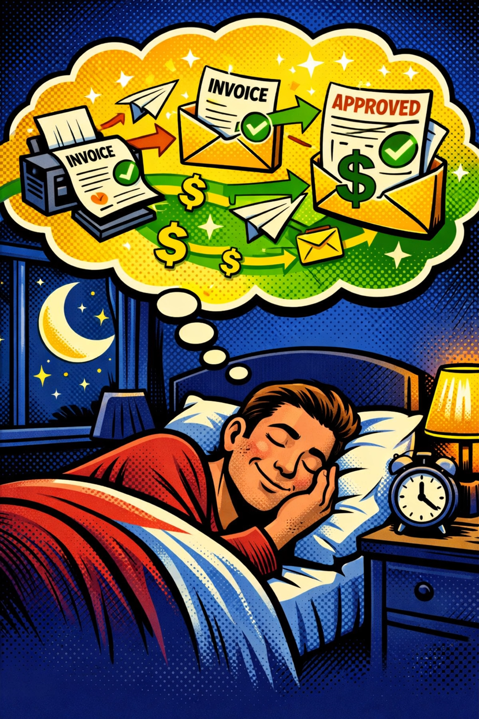 Business owner resting while AI virtual assistant handles automated invoice processing overnight