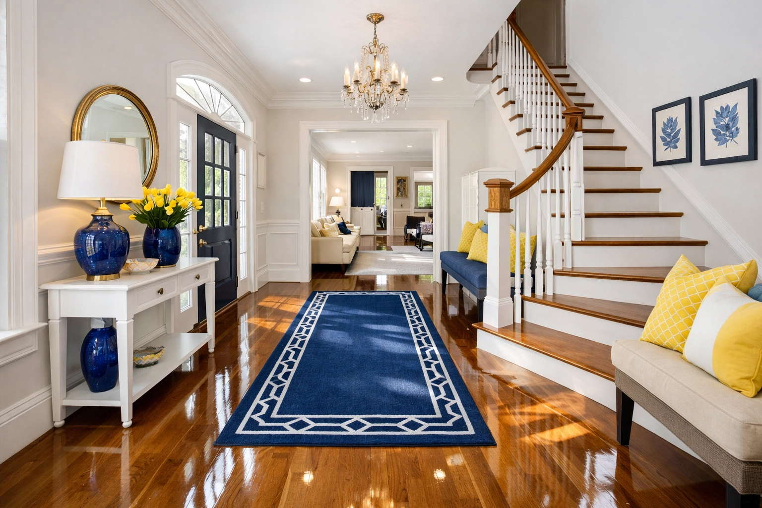 Spotless luxury home entryway in Hopkinton with polished hardwood floors after professional residential cleaning.