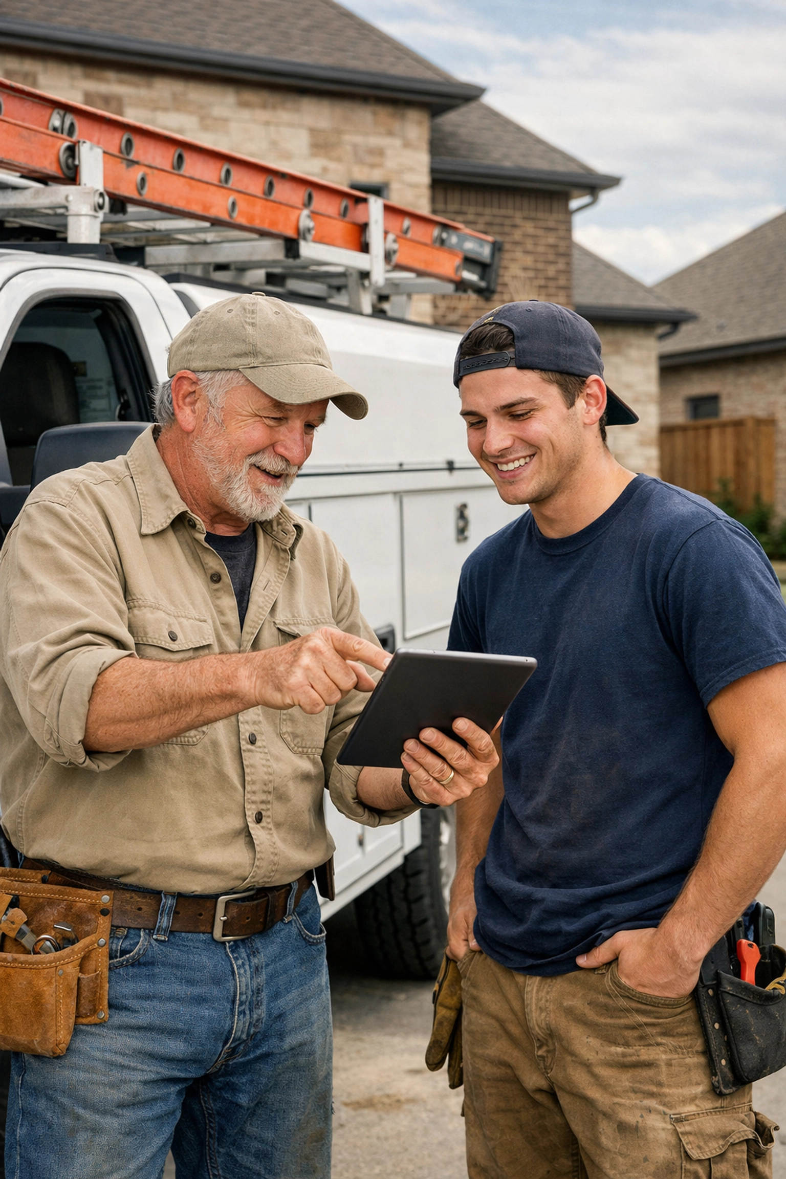 Dallas foreman and apprentice reviewing employee benefits and payroll data on a tablet at a job site.