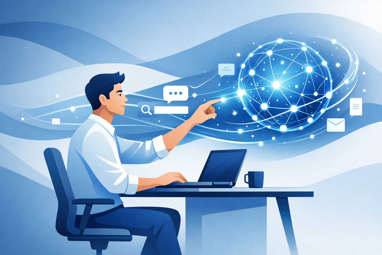 Illustration of a business owner using generative AI and AEO to optimize local search presence.