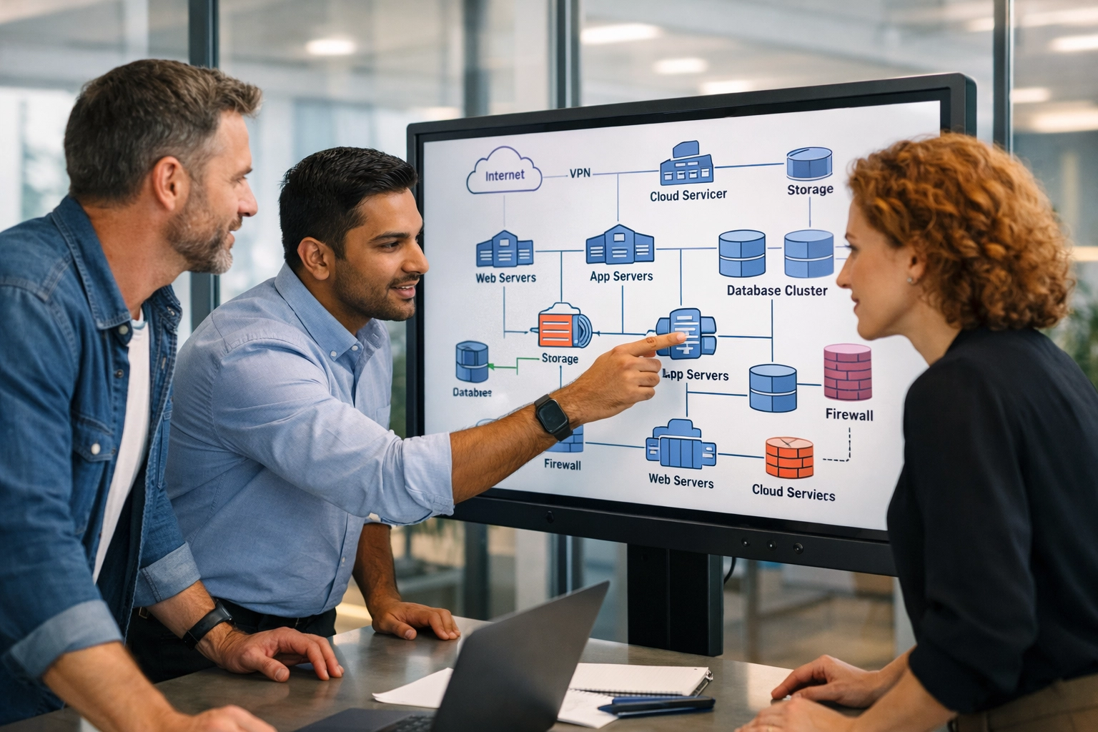 ServiceNow implementation partner team collaborating on ITOM architecture in a modern office environment.