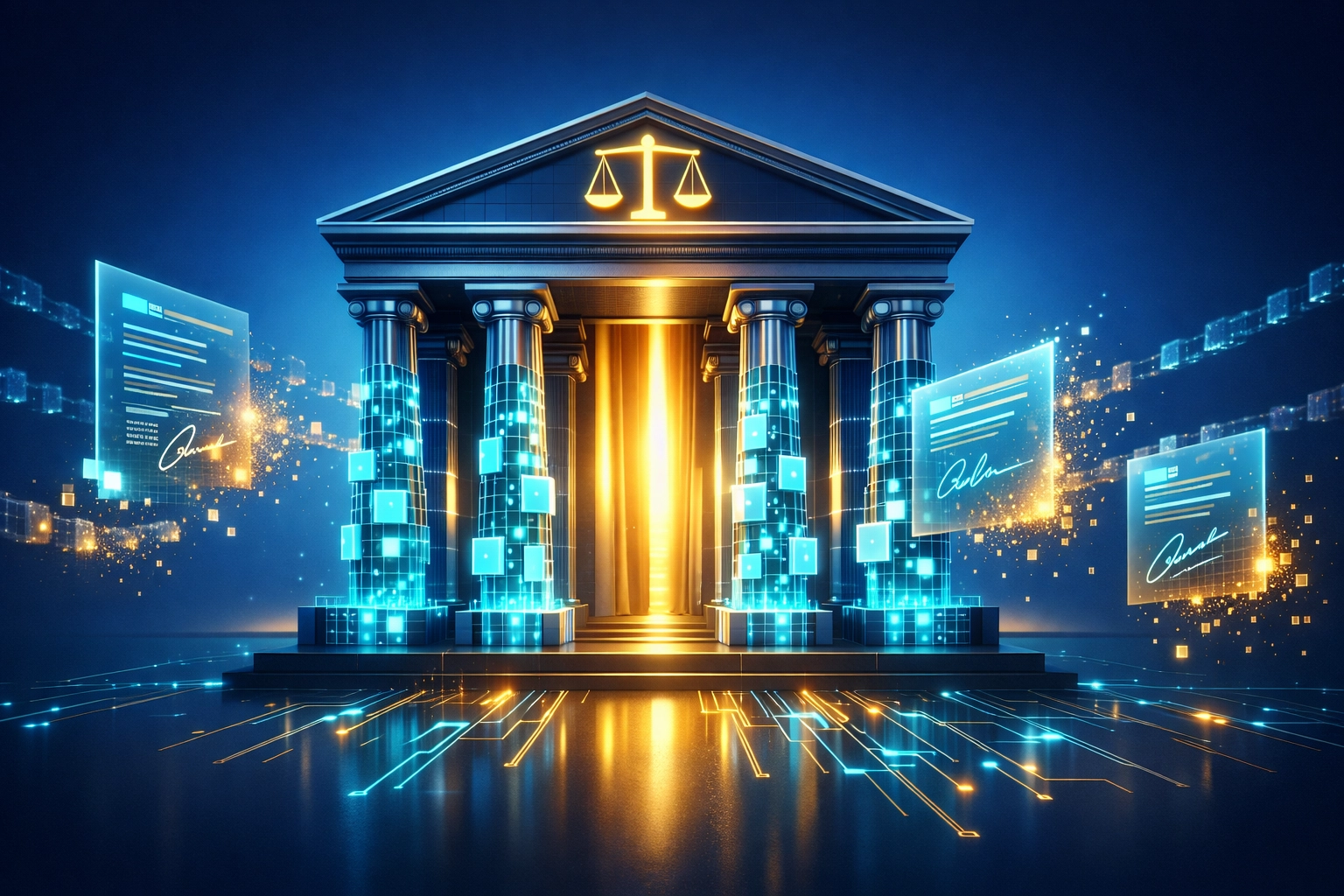 Digital courthouse transforming into blockchain nodes showing H.R. 3633 regulatory clarity for crypto