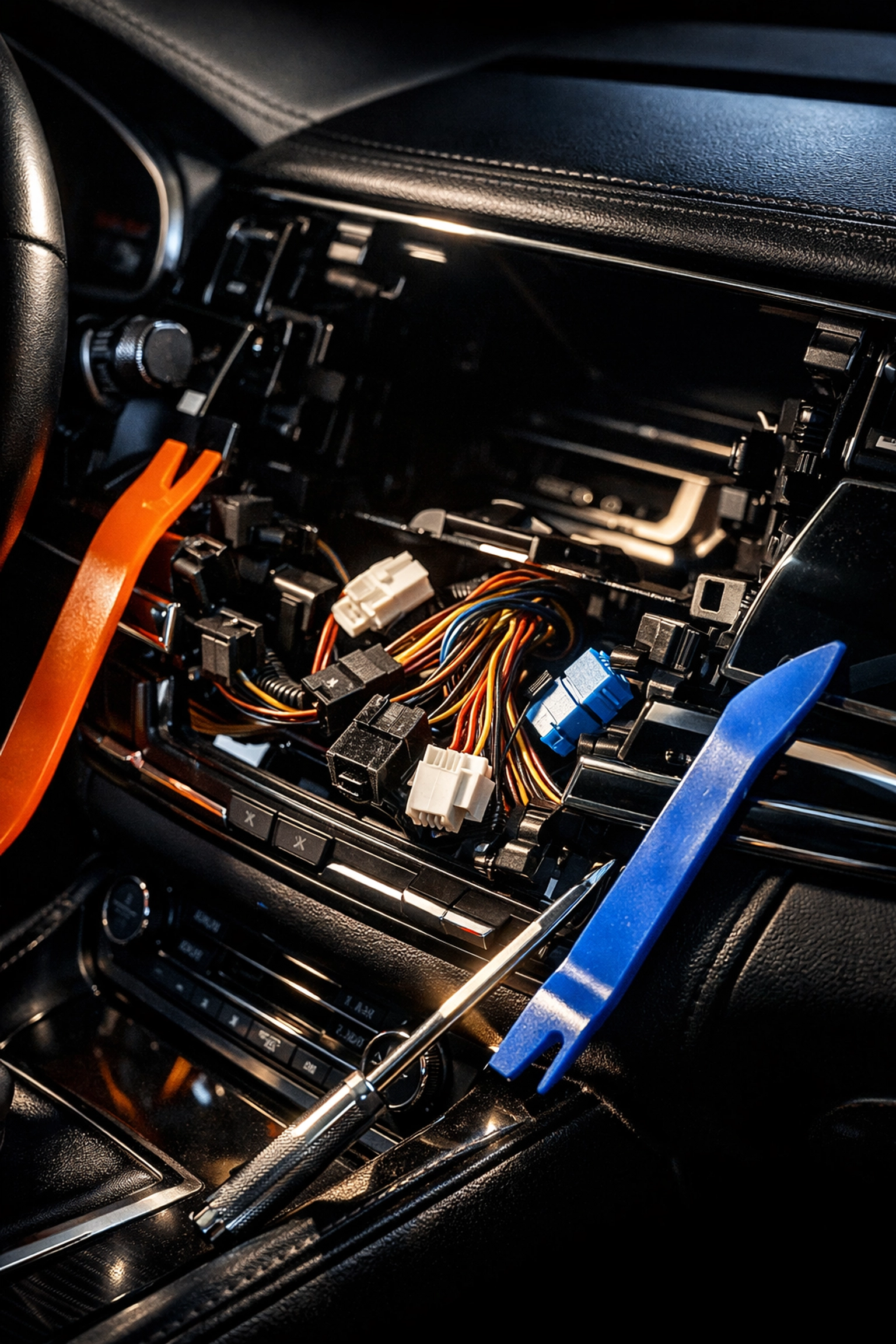 Car dashboard removal showing wiring harnesses and trim tools for audio installation