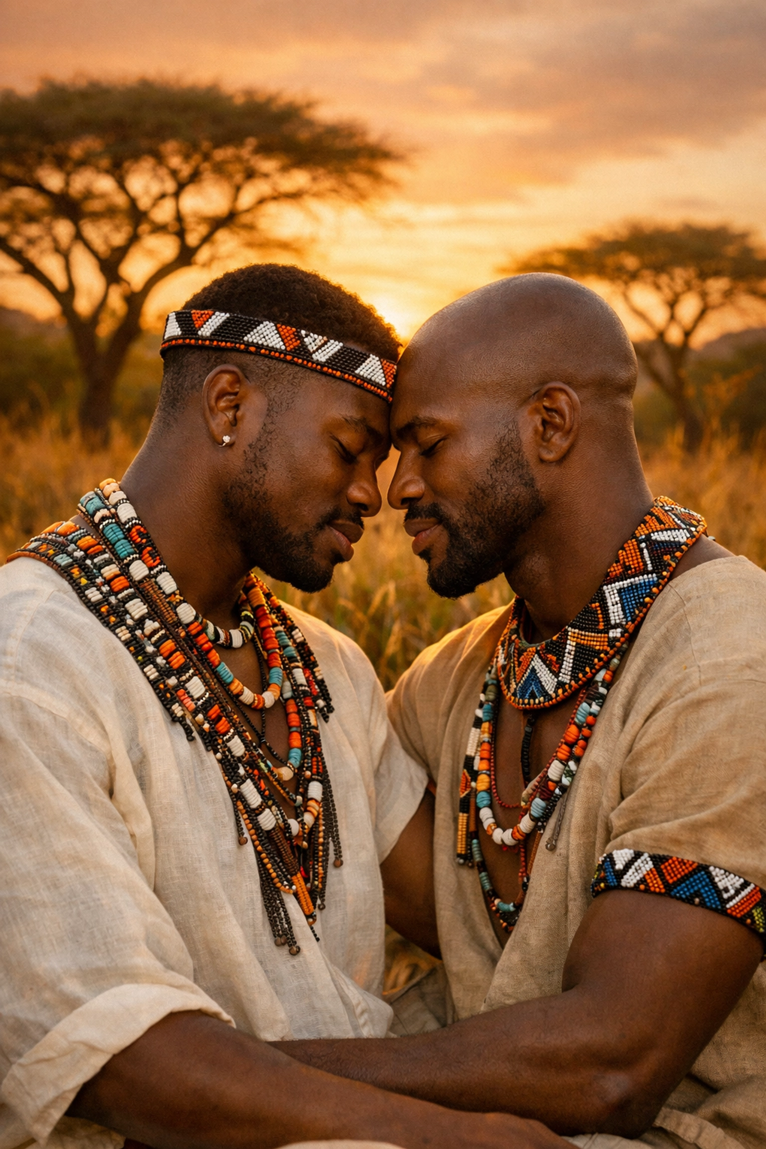 Two Black gay men in traditional Zulu beadwork sharing an intimate moment in the South African wilderness.