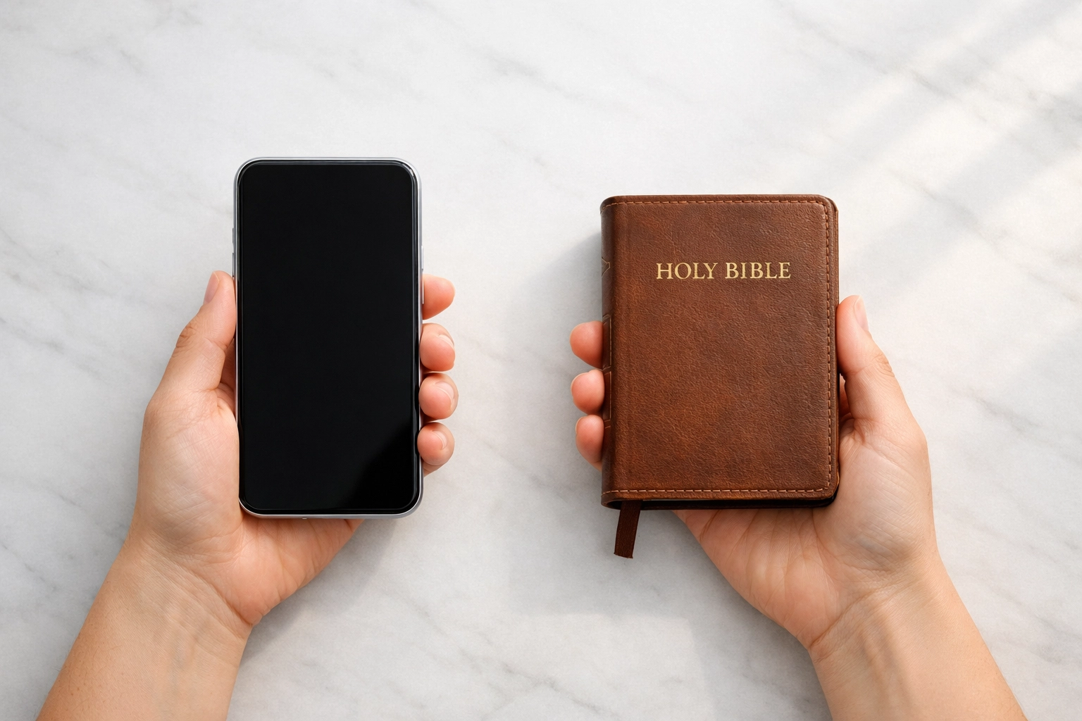Hands holding Bible and smartphone showing balance between faith and news consumption