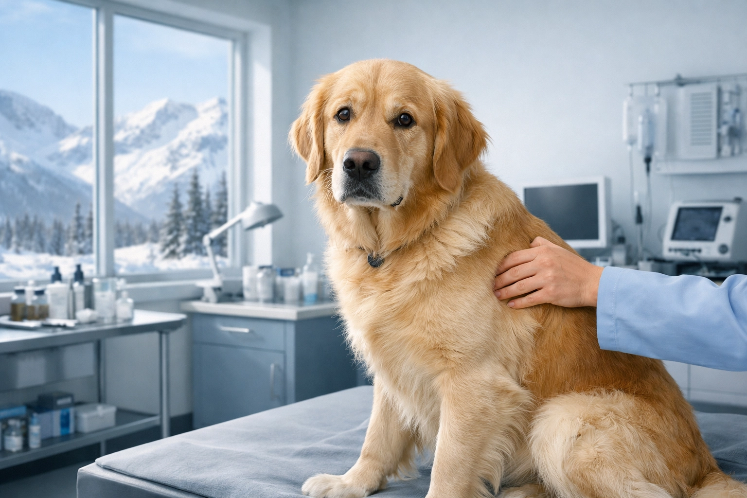 Golden Retriever at Alaska veterinary clinic during emergency exam with mountain views