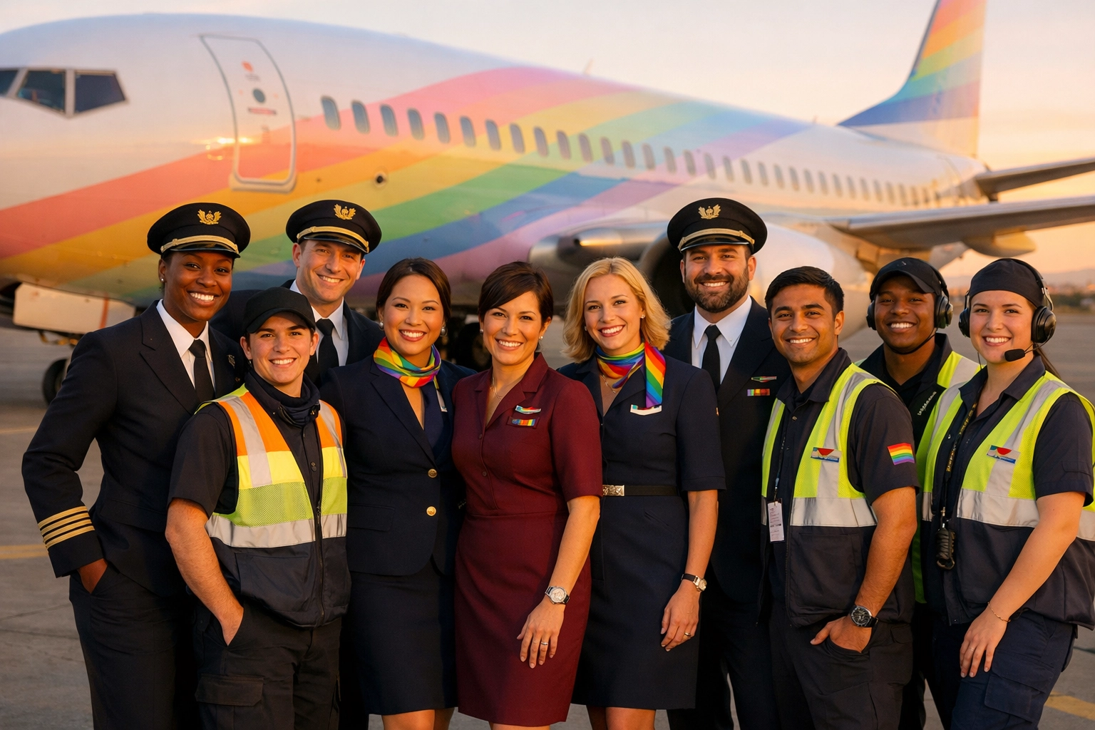 Diverse group of LGBTQ+ aviation professionals including gay pilots and flight crew united at airport
