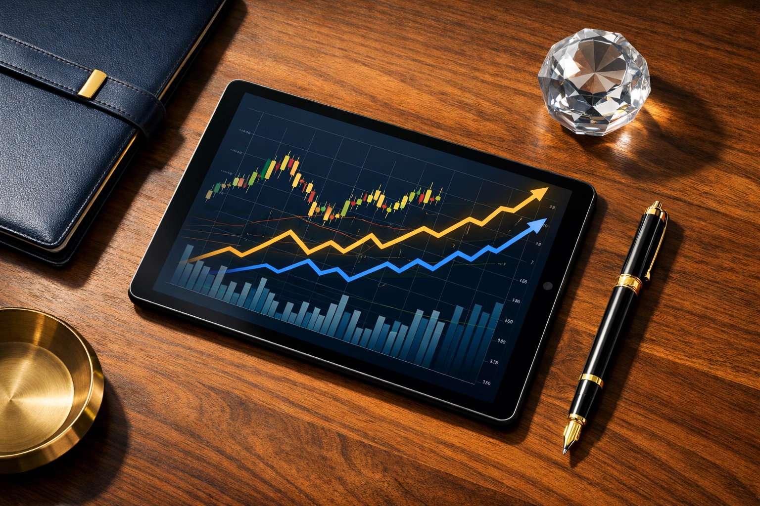 Financial charts and wealth management tools on executive desk showing portfolio growth strategies
