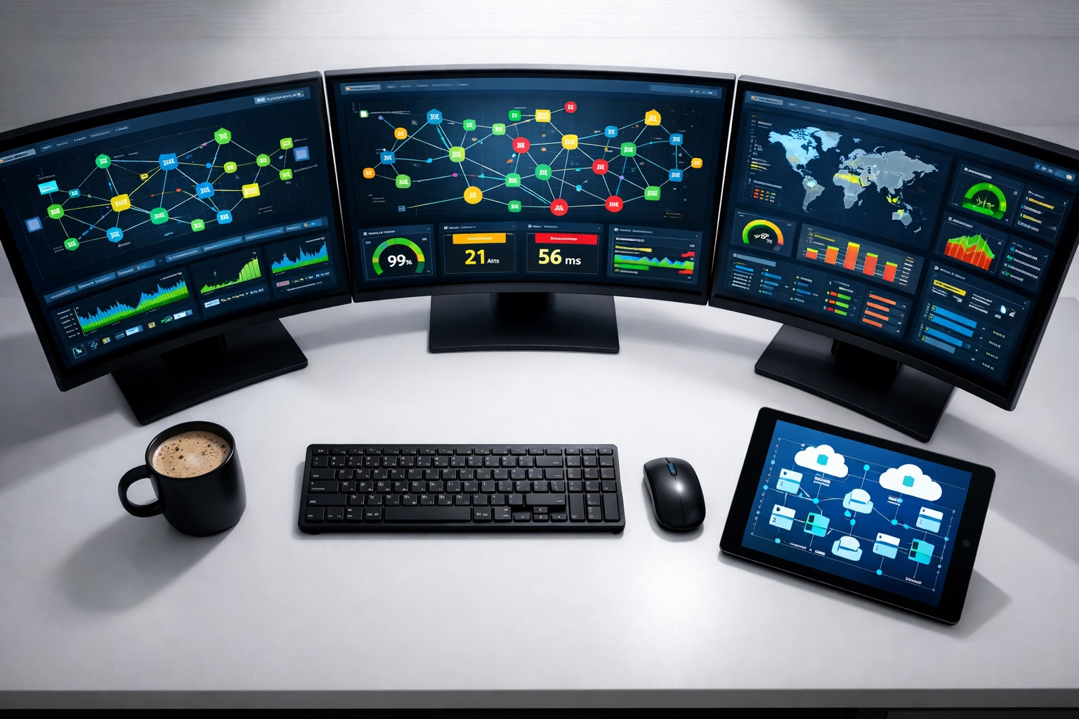 IT operations center workspace with ITOM monitoring dashboards displaying network topology and infrastructure health